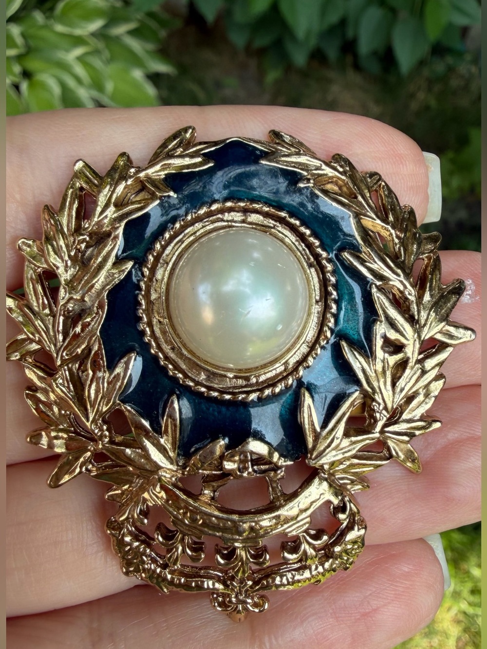 Vintage Faux Pearl Heraldic Crown Brooch Gold Tone Enamel Pin